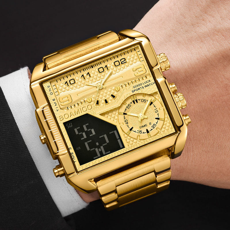 BOAMIGO Top Marque Luxe Mode Hommes Montres Or Acier inoxydable Sport Square Digital Ana