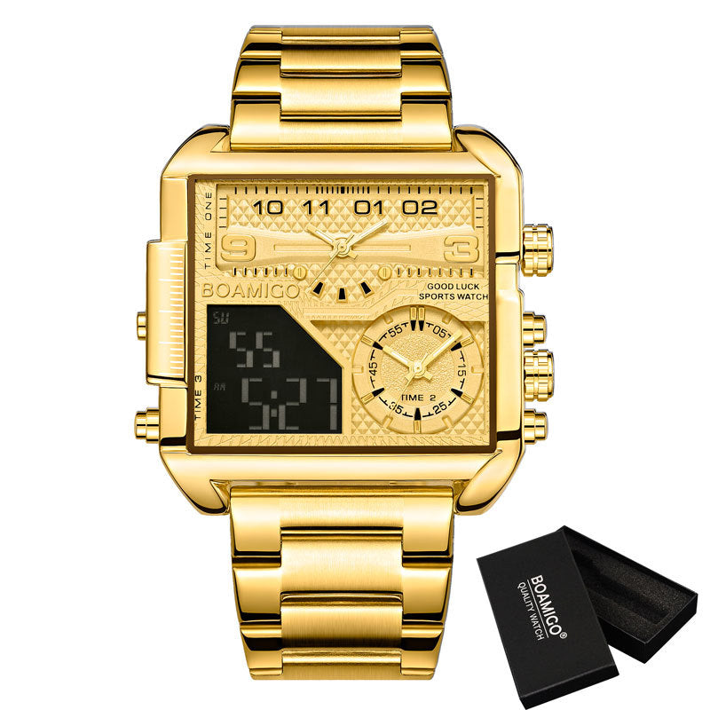 BOAMIGO Top Marque Luxe Mode Hommes Montres Or Acier inoxydable Sport Square Digital Ana