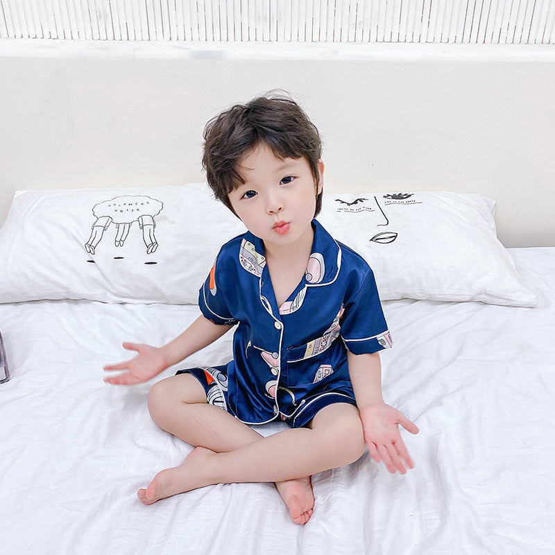 Jeu de pyjamas pour enfants Caricature en soie imprimée Service à la maison