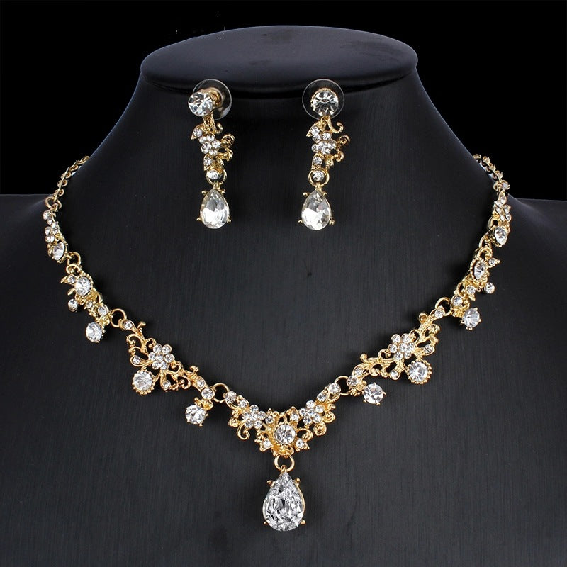 Golden Zircon Jeu de bijoux Collier de mariée Boucles d'oreilles Mariage Ensemble deux pièces