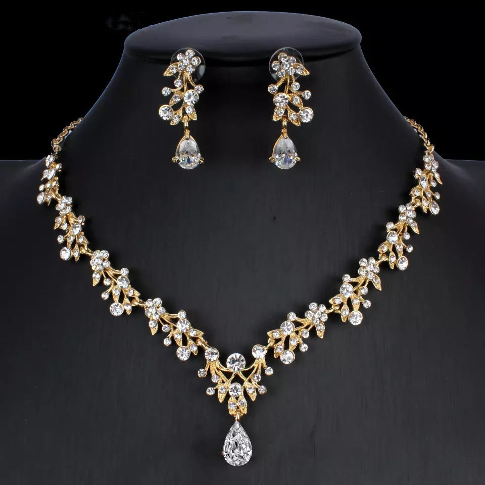Golden Zircon Jeu de bijoux Collier de mariée Boucles d'oreilles Mariage Ensemble deux pièces