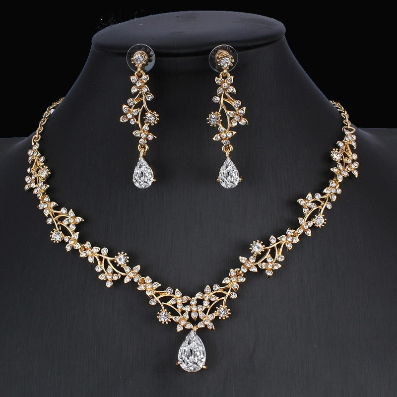 Golden Zircon Jeu de bijoux Collier de mariée Boucles d'oreilles Mariage Ensemble deux pièces
