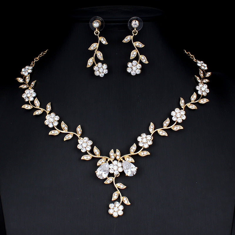 Golden Zircon Jeu de bijoux Collier de mariée Boucles d'oreilles Mariage Ensemble deux pièces