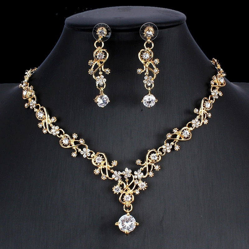 Golden Zircon Jeu de bijoux Collier de mariée Boucles d'oreilles Mariage Ensemble deux pièces