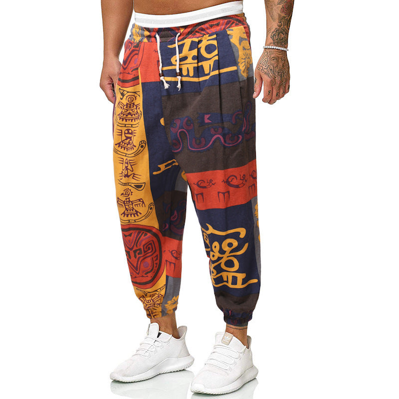 Pantalons de Harem occasionnels Style ethnique homme Cotton et lin lâches pantalons taillés