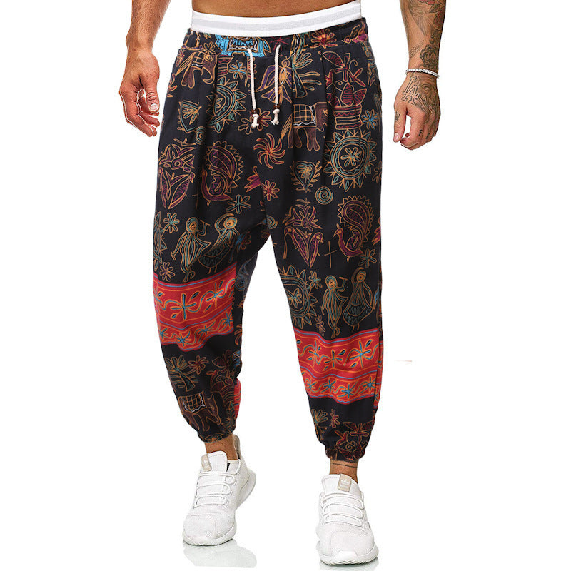 Pantalons de Harem occasionnels Style ethnique homme Cotton et lin lâches pantalons taillés