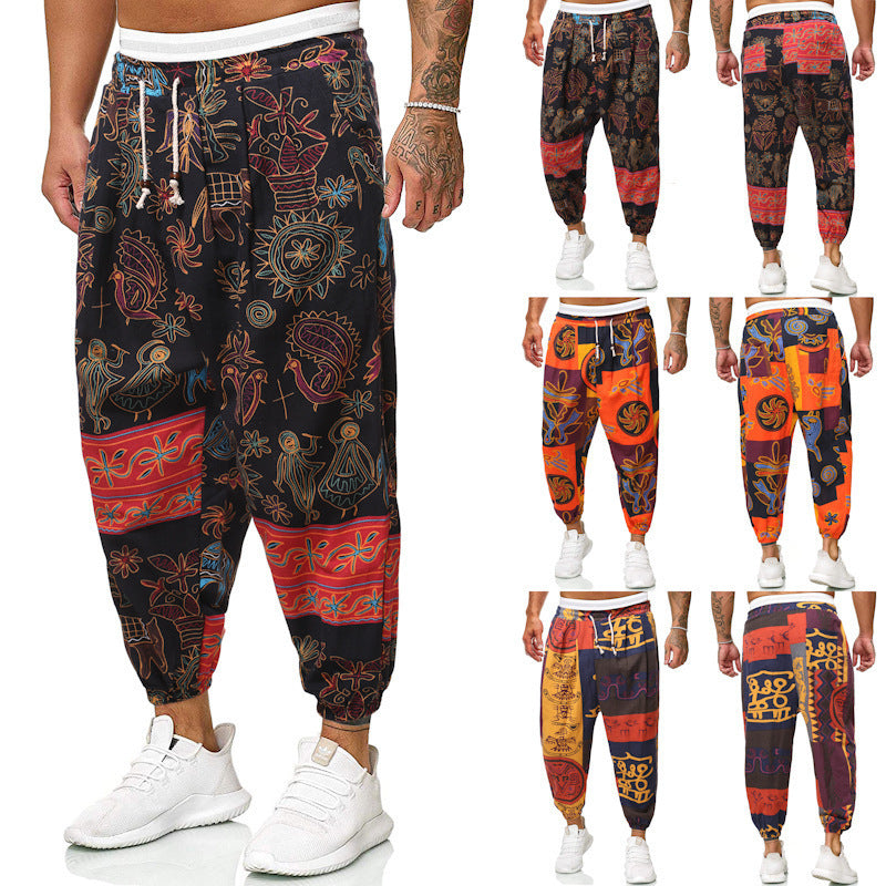 Pantalons de Harem occasionnels Style ethnique homme Cotton et lin lâches pantalons taillés