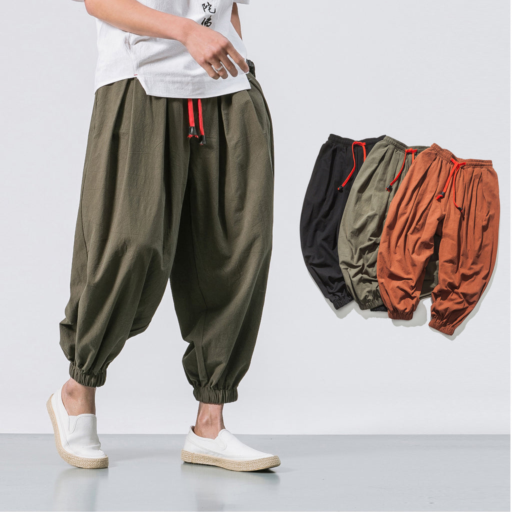Four Seasons Cotton and Lin Pantalons Loose Pending Gear Hommes Volant Pantalons d'écureuil Hommes
