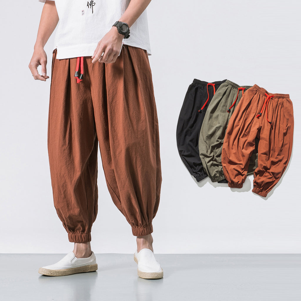 Four Seasons Cotton and Lin Pantalons Loose Pending Gear Hommes Volant Pantalons d'écureuil Hommes
