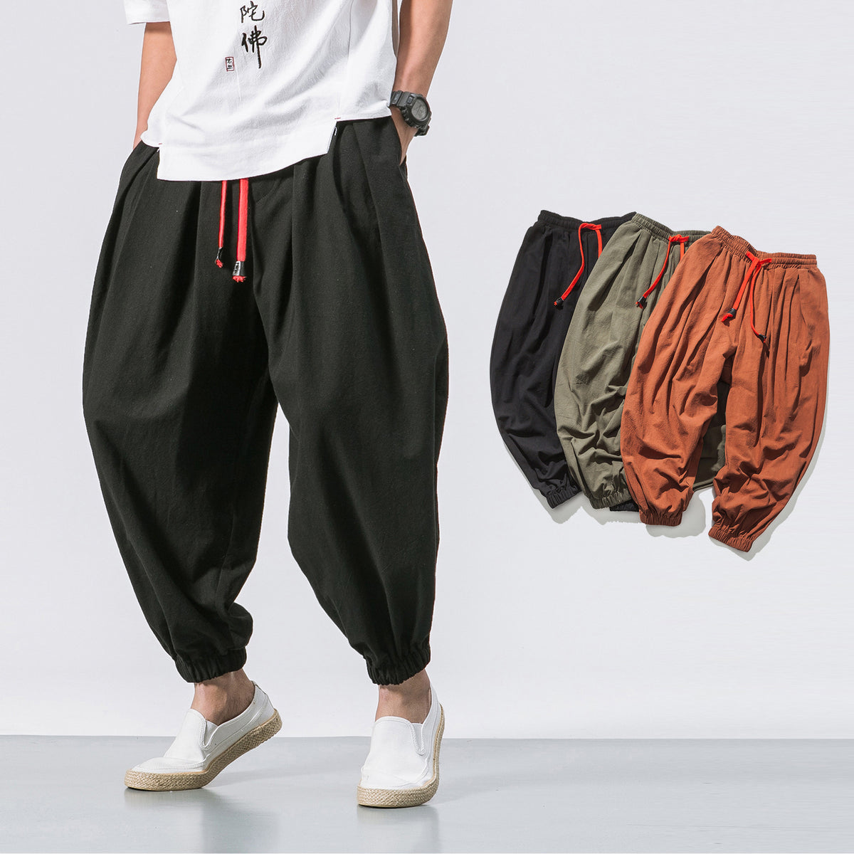 Four Seasons Cotton and Lin Pantalons Loose Pending Gear Hommes Volant Pantalons d'écureuil Hommes