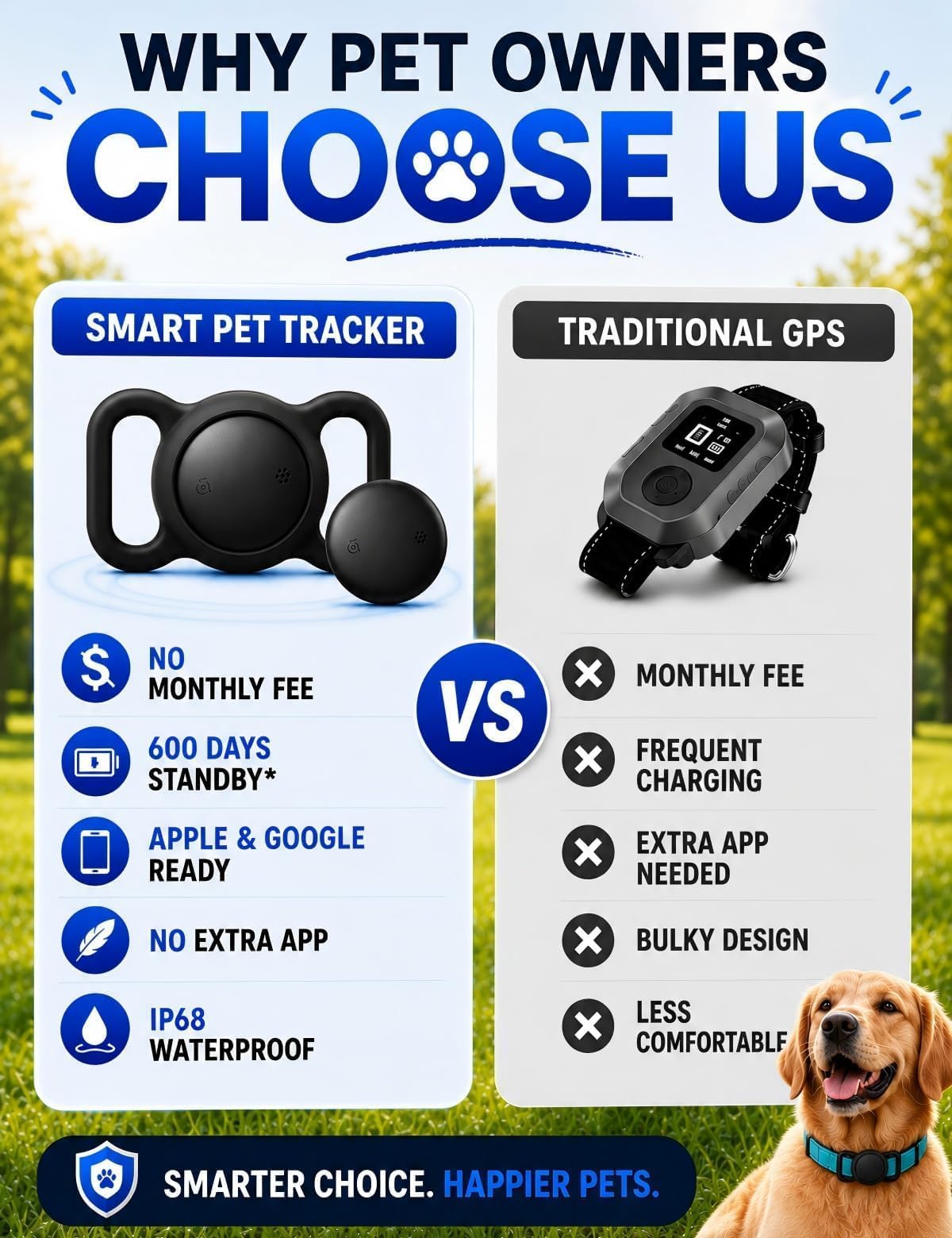 Tracker GPS pour chiens IOS & Android - Pas d'abonnement Collier GPS Tracker pour chiens Smart Cat Real