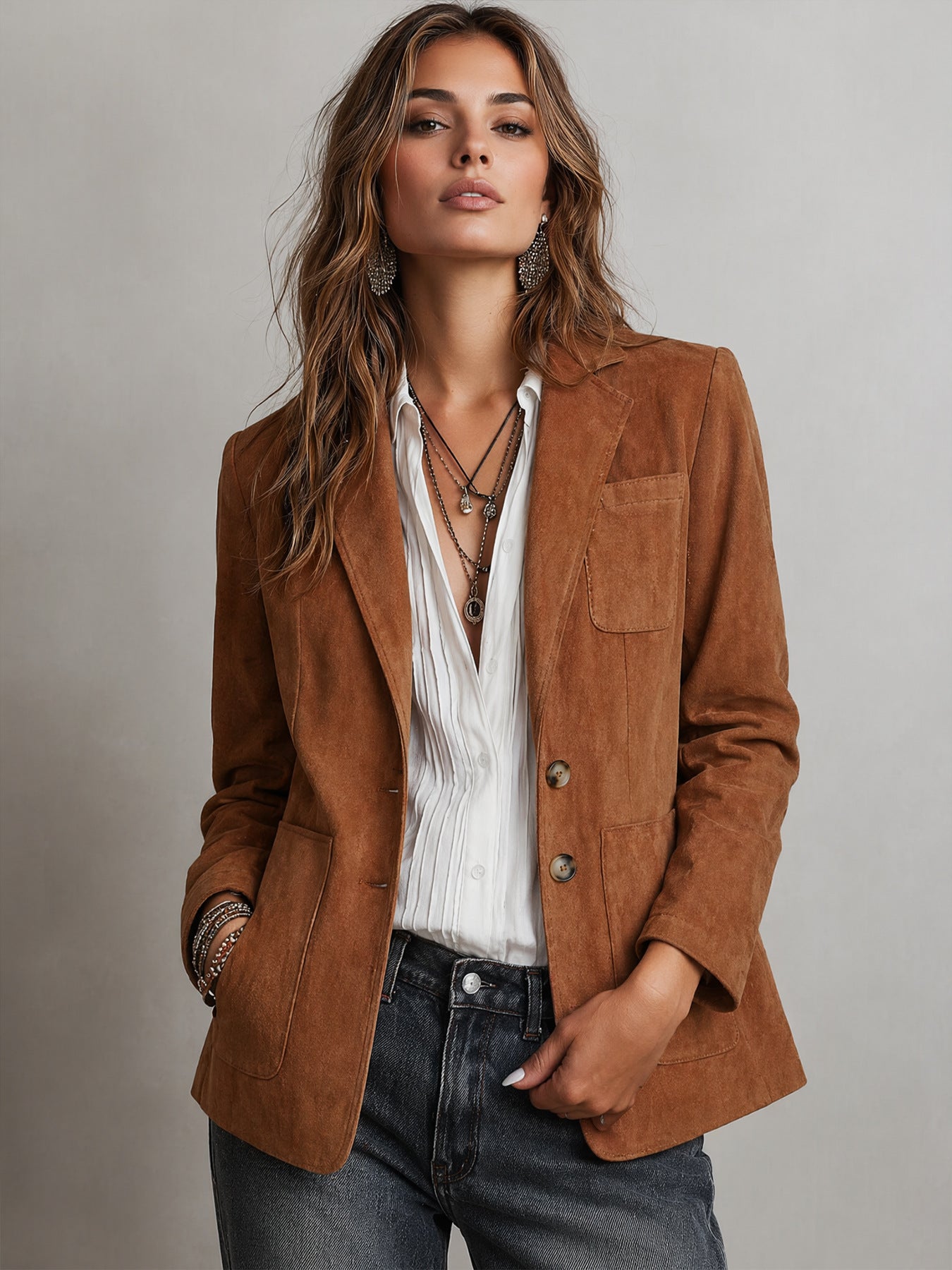 Femmes Retro Lapel Faux Suede Blazer Veste