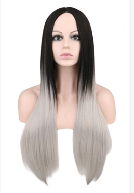 Wig 68cm long straight hair for women black gray gradient color high temperature synthetic fiber