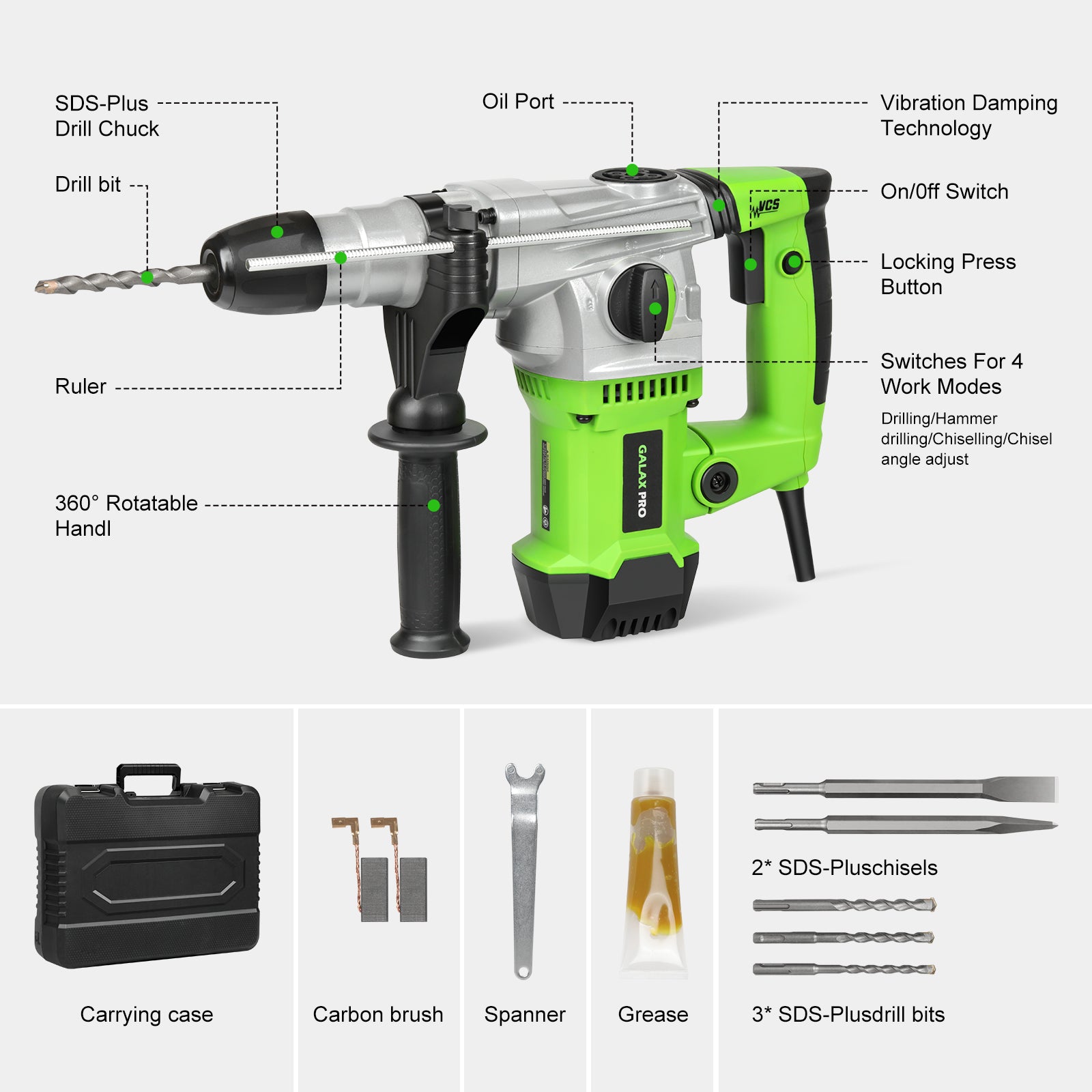 GALAX PRO SDS Plus Foreuse rotative à marteau 1500W 4000RPM