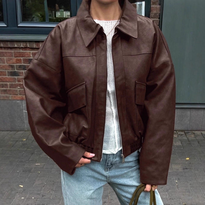 Retro AutomneHiver Vieux Style d'argent Veste en cuir pour les femmes