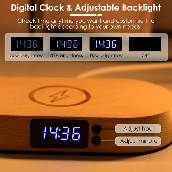 Lampe de contrôle tactile de table de chevet avec horloge sans fil charge lampe de bureau LED