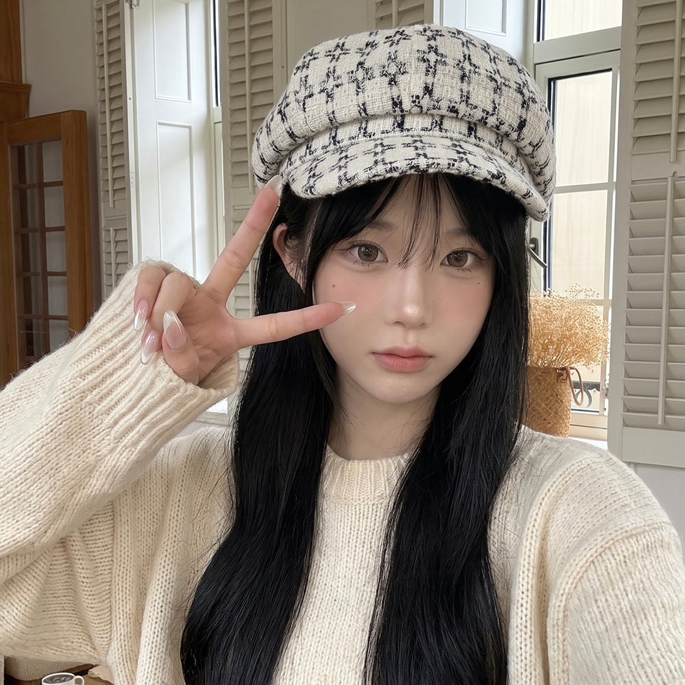 Patterned Tweed Octagonal Newsboy Cap avec un style rétro britannique