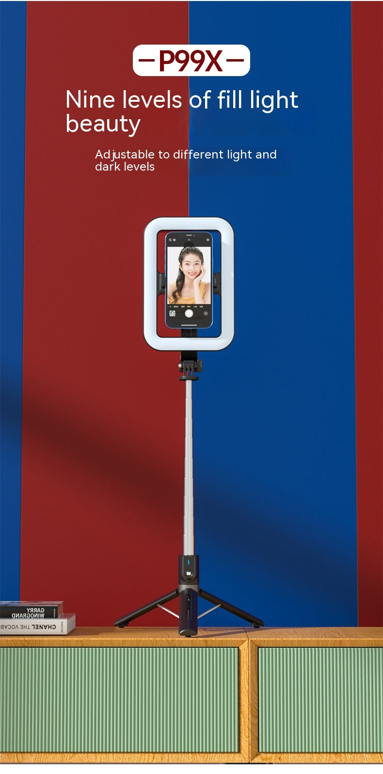 8 pouces Beauty Fill Light Selfie Stick Bluetooth Télécommande Sol extérieur intégré Li