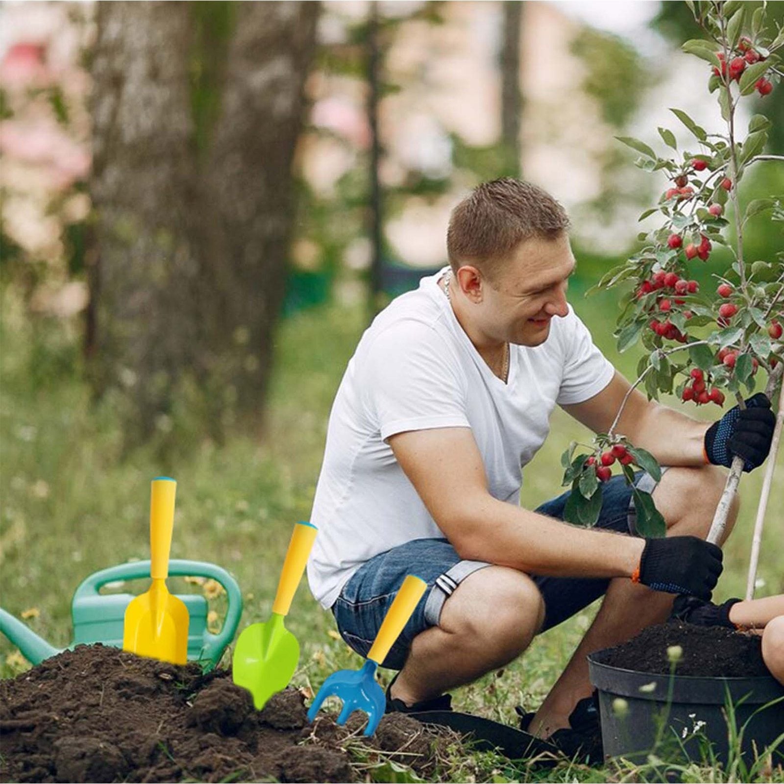 Ensemble d'outils de jardin 3 pièces en jaune avec Tablier Floral - Accessoires pratiques de jardin