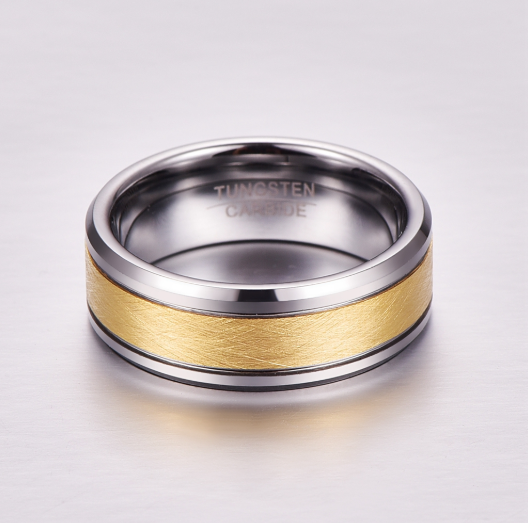 Hommes 8mm Or Couleur Brossé Centre Deux Grooves Tungsten carbure de mariage bagues de bande de mariage Bevele