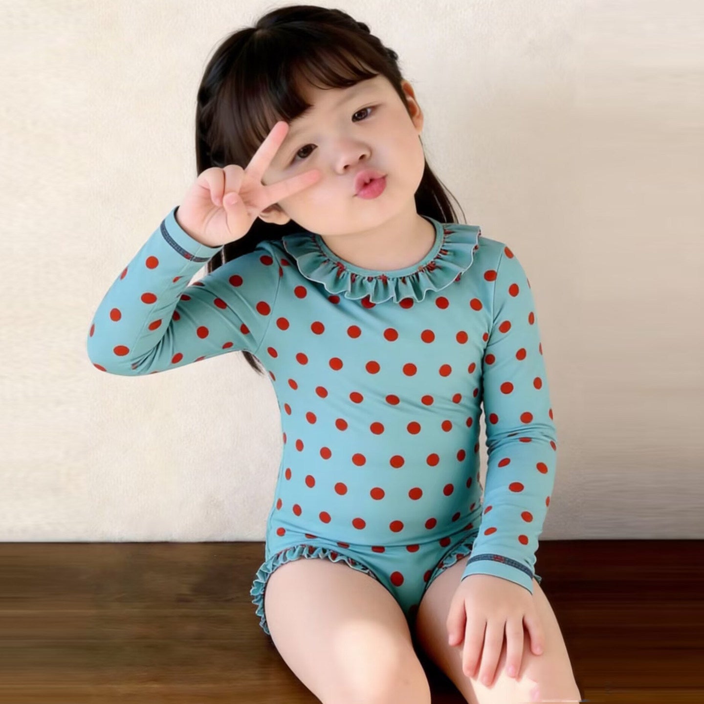 Style Coréen style Retro Polka point Manche longue Une pièce Maillot de bain pour bébés