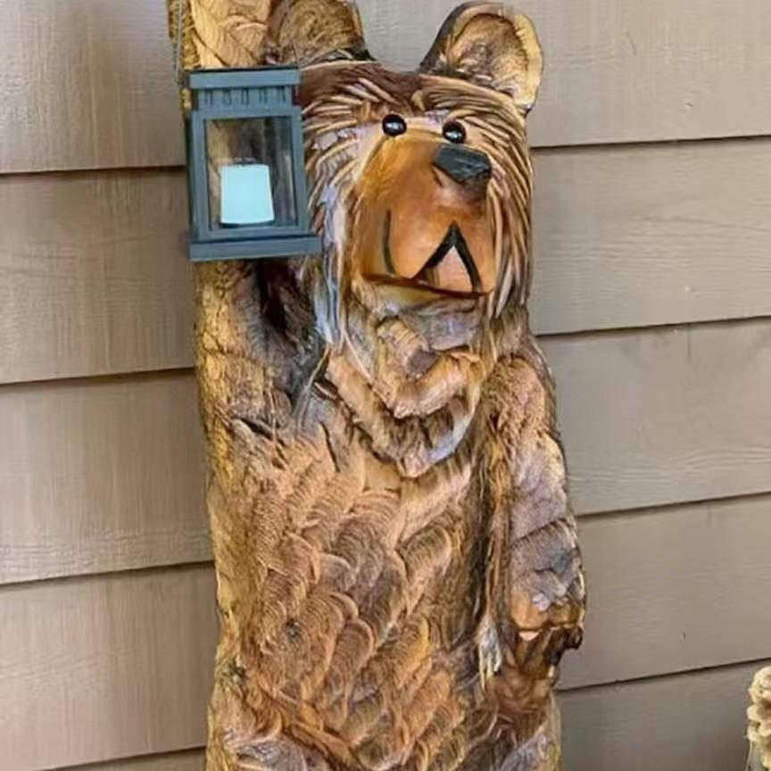 Figurine d'ours sculptée en bois avec éclairage LED