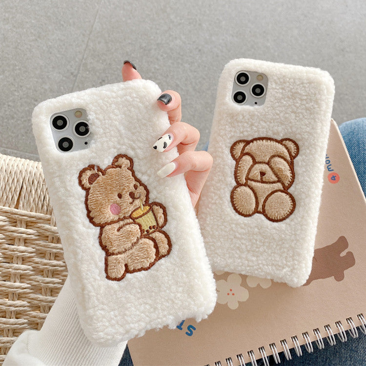 Téléphone mobile coque mignon dessin animé ours laine d'agneau velours broderie
