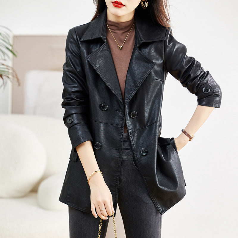 Manteau de cuir mi-long pour femme Printemps et automne