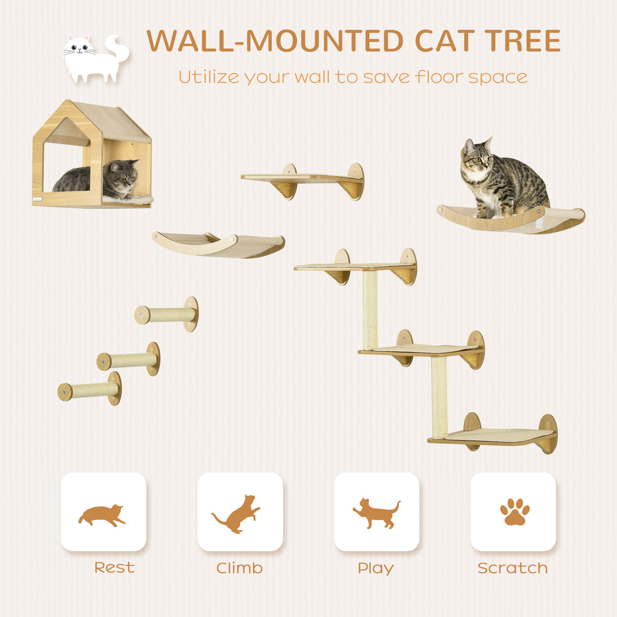8PC Étagères murales pour chat Pet Table d'escalade murale avec Coussion Condo Scratching Po
