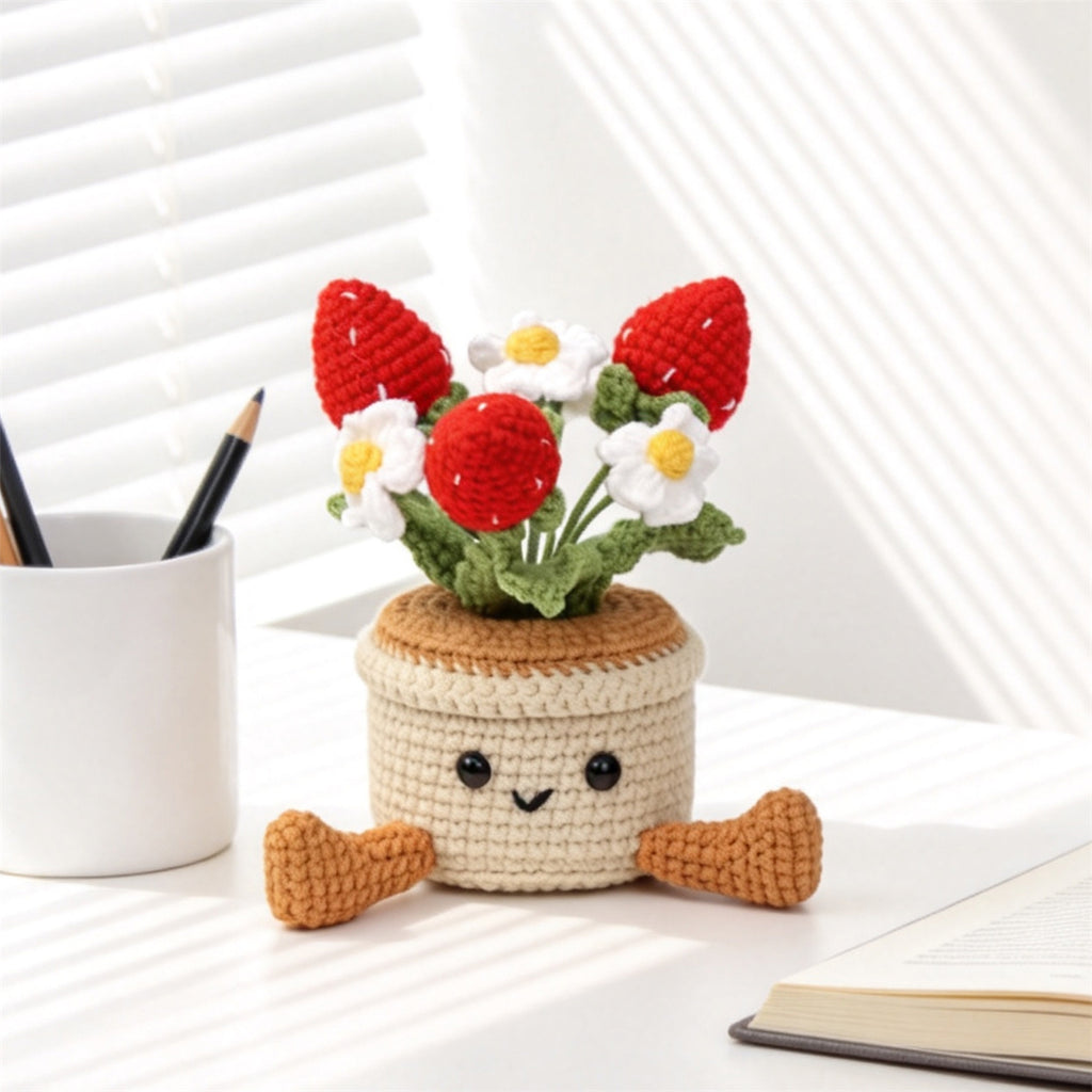 Crochet à la main fraise et petit pot de fleur Ornement fil doux au crochet éternel Frui
