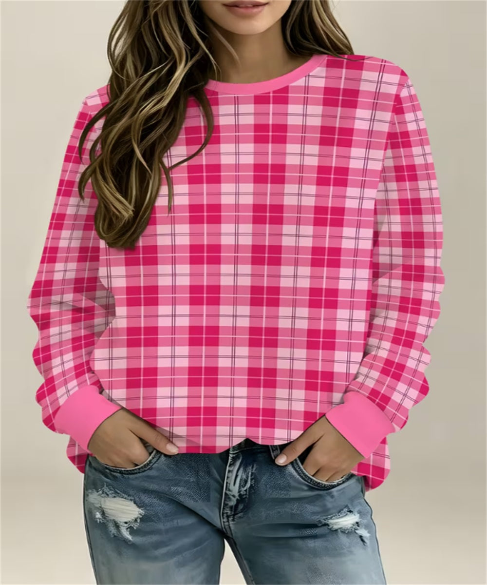 Sweat-shirt en col rond imprimé Gingham Blanc Jaune Femme