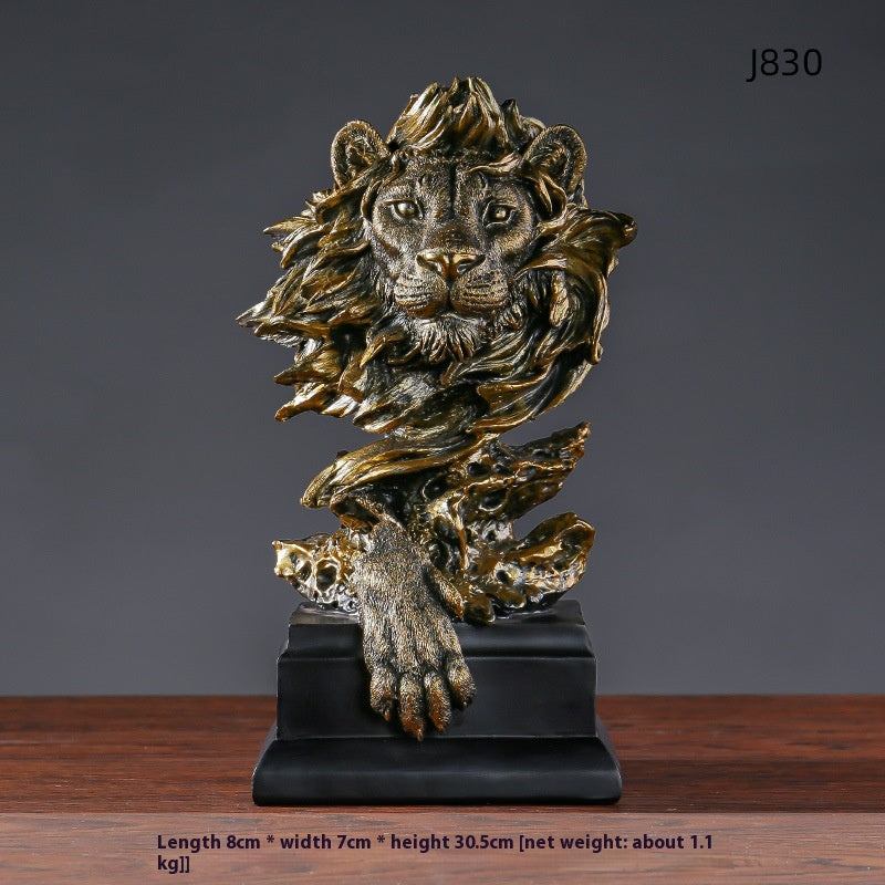 American Retro Animal Copper Lion Head Portrait Resin Craft Ornement Hallway Office Vin C