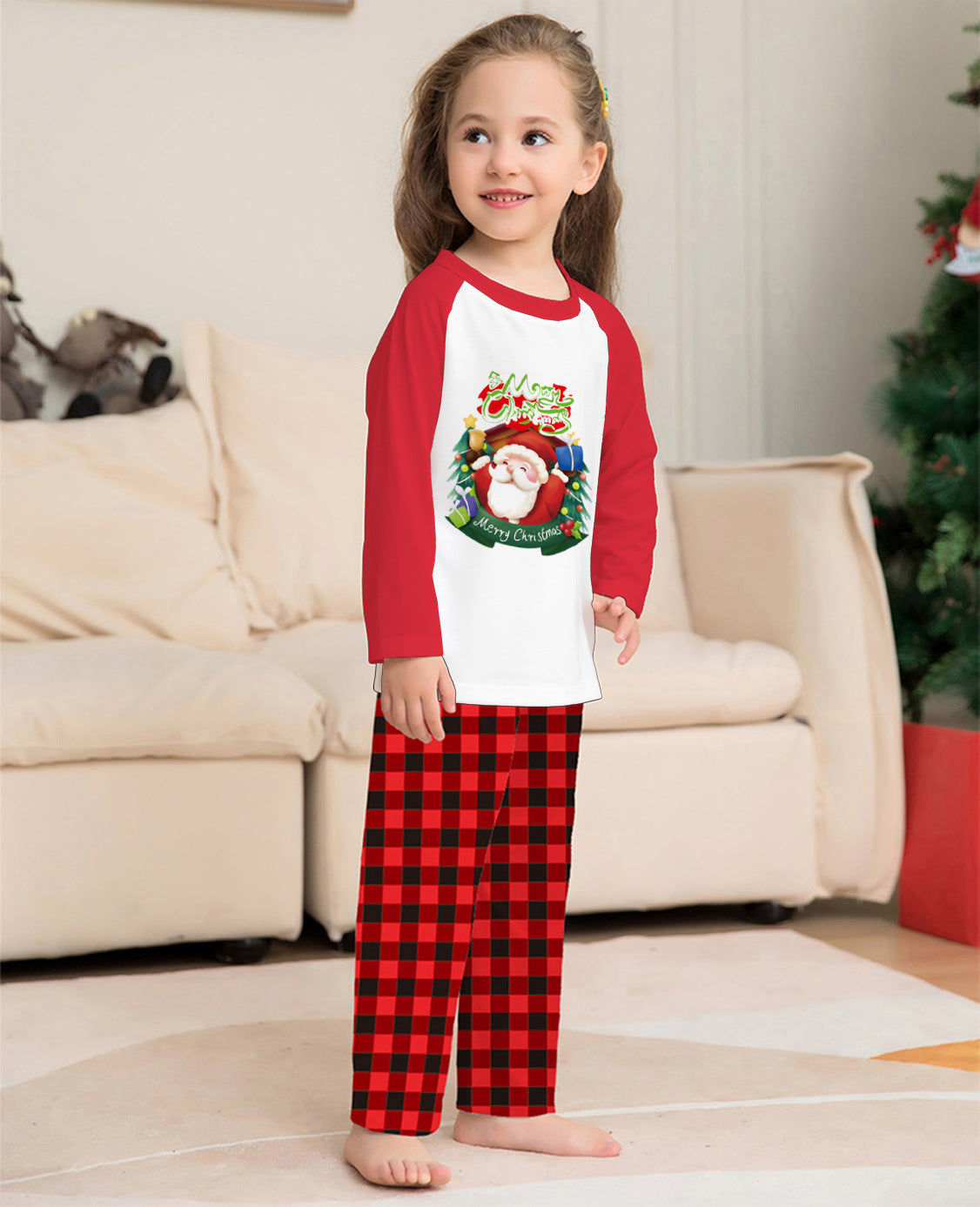 Ensemble de vêtements parents-enfants de Noël manches longues T-Shirt Plaid Pantalons de famille