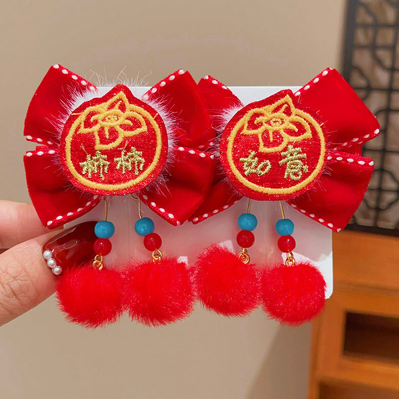 Style chinois Lion danse Bow-tie Tassel Pom-pom Clip cheveux pour les enfants