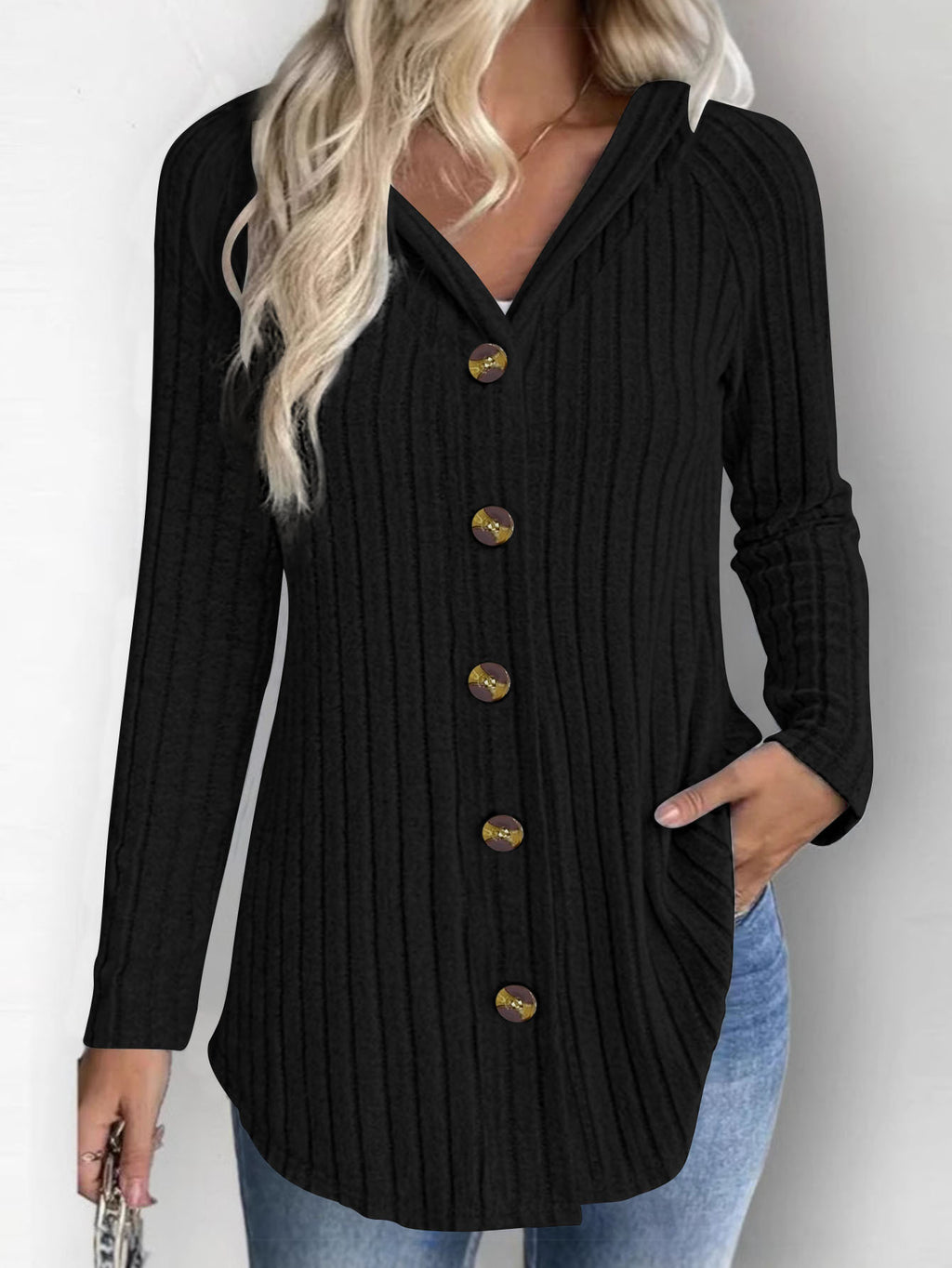 Femmes en tricot côtelé haut à capuche manches longues bouton vers le bas casual chemise Curved Hem Blouse avec S
