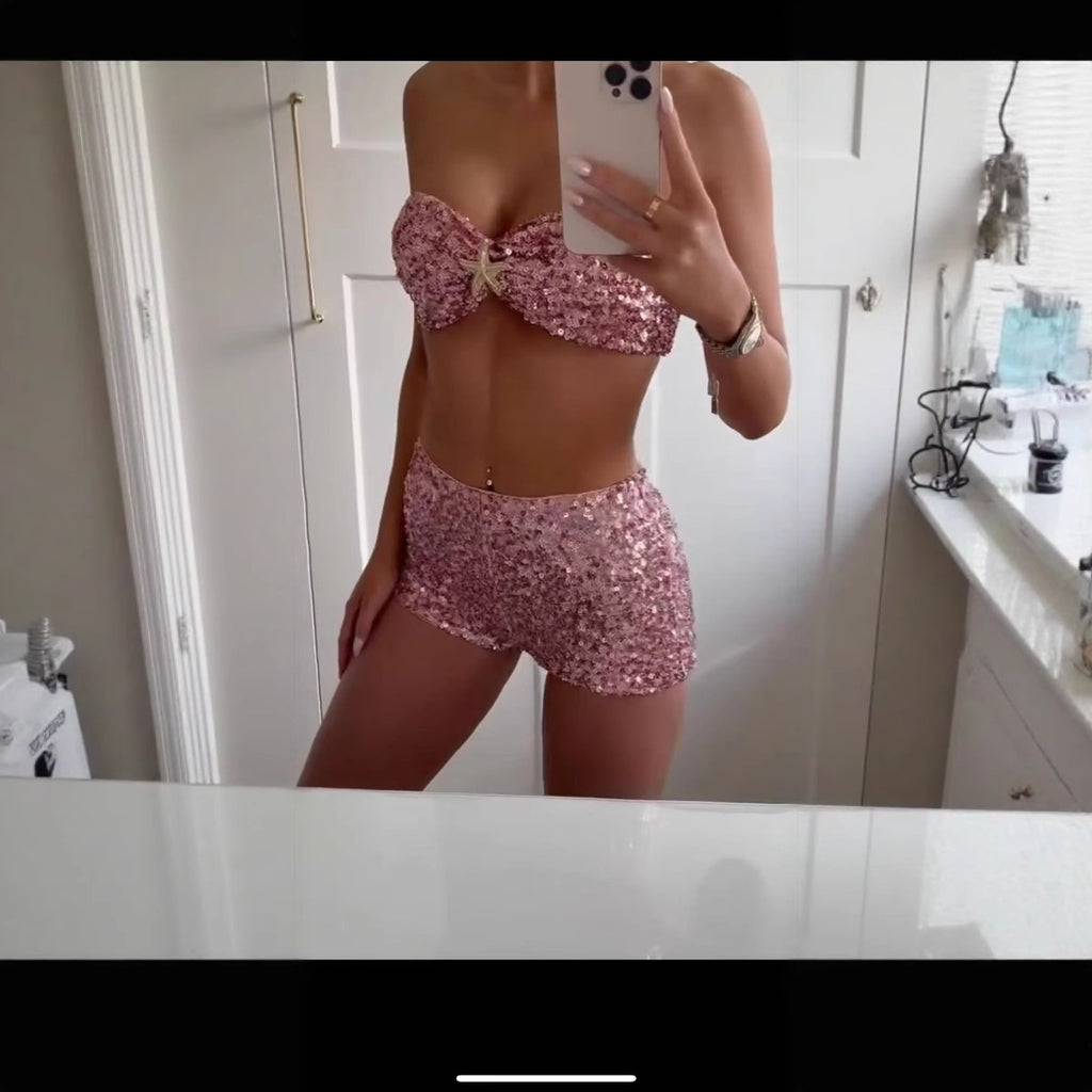 Shiny Sequin Bikini Set avec shorts