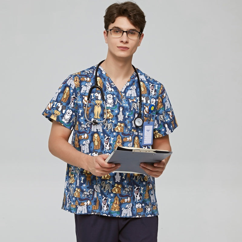 Chirurgical Gown Imprimé V-neck Pet Doctor Beauty Hospital Vêtements de travail Flower Dog Bleu