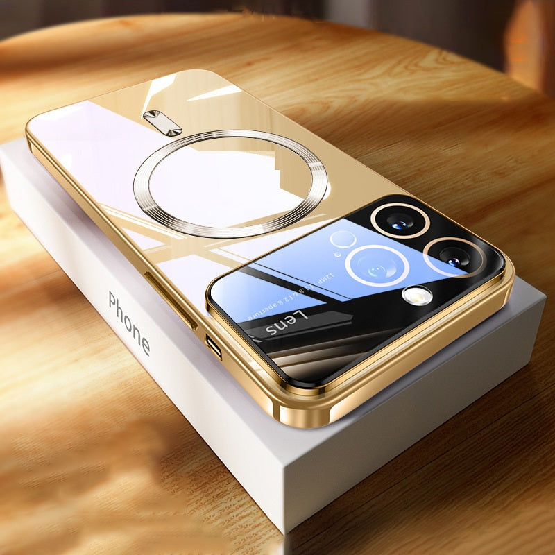Coque de téléphone Grande fenêtre Electroplating magnétique transparent Couverture de protection tout compris