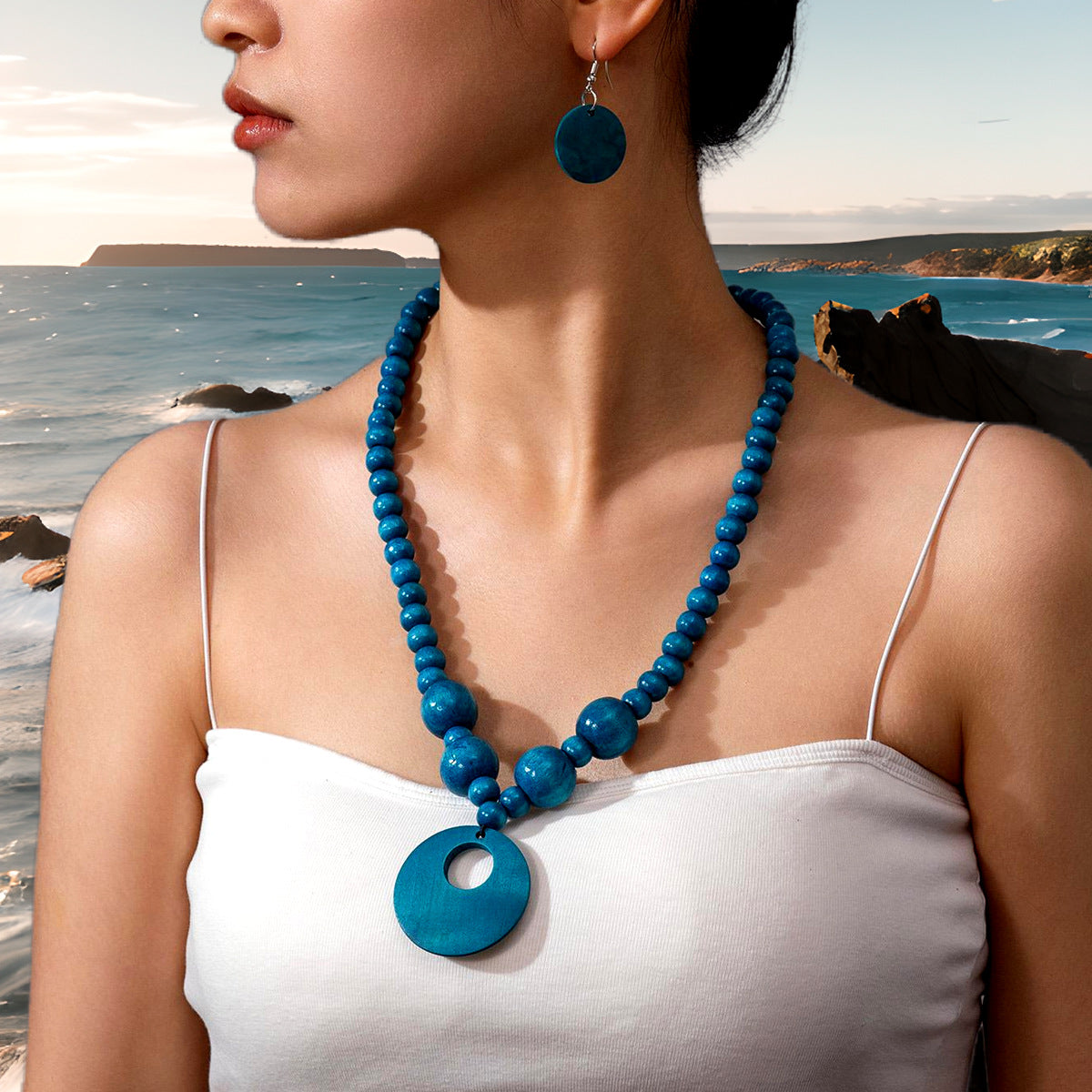 Collier en bois de perles et boucles d'oreilles pour femmes
