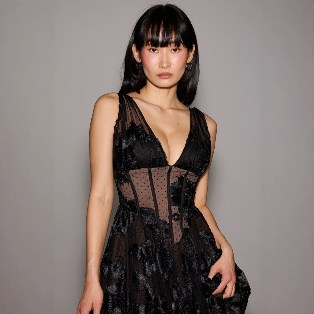 Black Deep V-Neck Mesh A-Line High-End Evening Dress