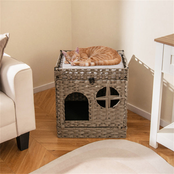 Condo de chat Wicker 2-Tier avec litière - boîte à litière cachée