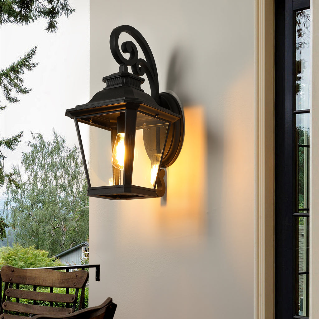 21"(H) 1-paquet de lumière de lanterne de mur extérieur – Vintage métal noir et verre clair avec D