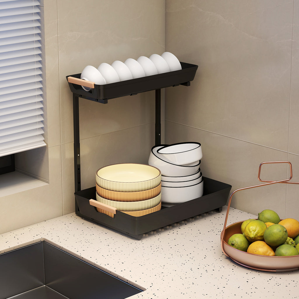 Hauteur réglable de la cuisine Organisateur 2 niveaux paniers de retrait rack de stockage en métal sous évier