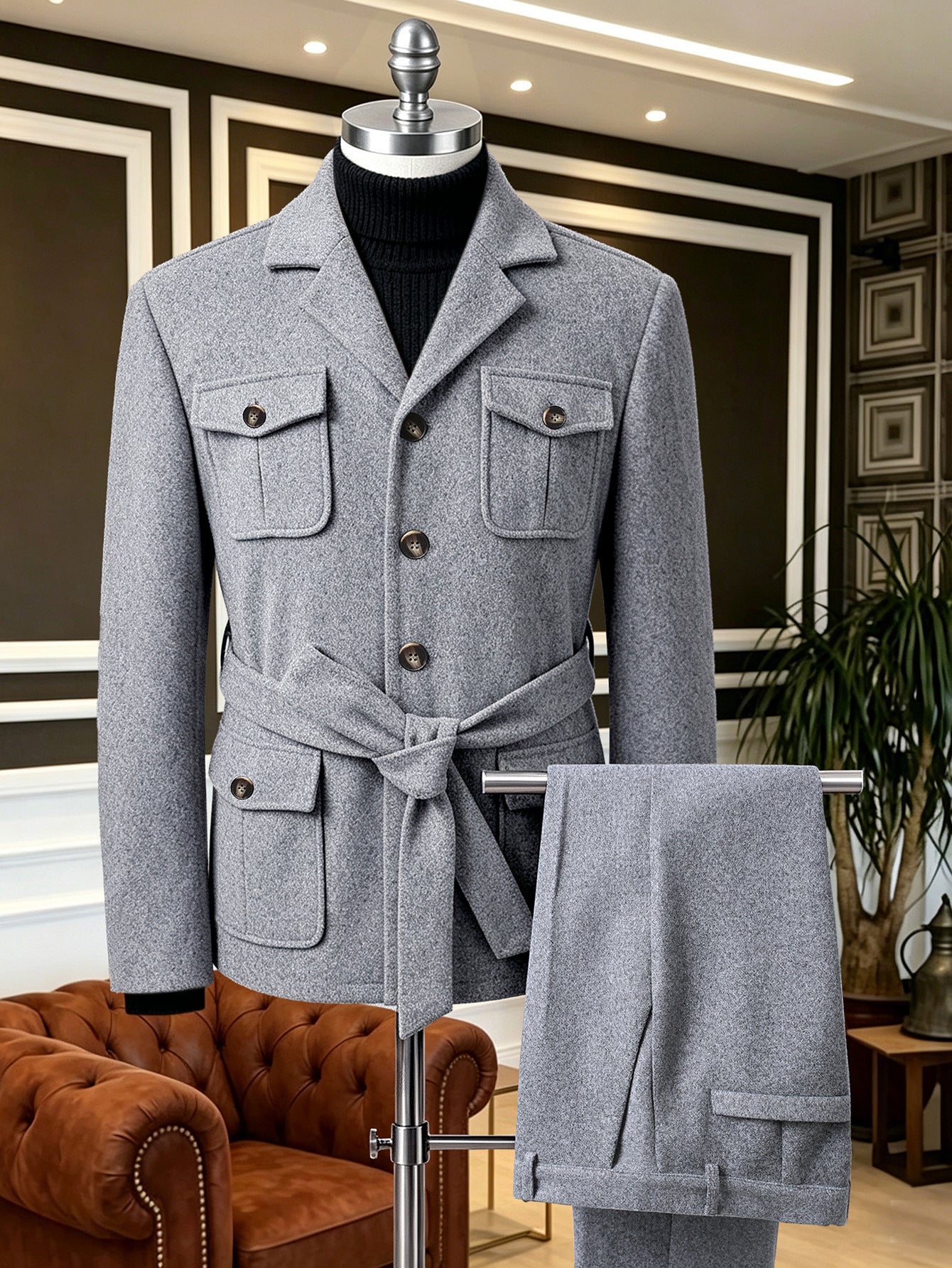 Manteau à manches simples pour hommes Lapel avec plusieurs poches