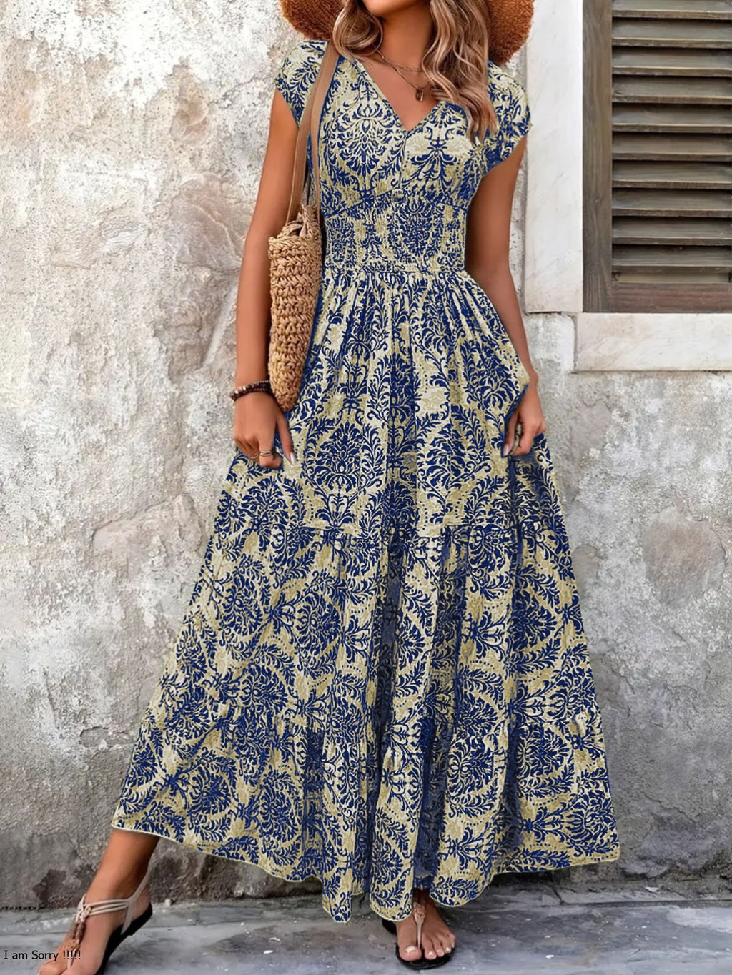 Bohemian Été Arrivée Mode Élégant Vintage Imprimer V-Neck manches courtes Maxi Robe