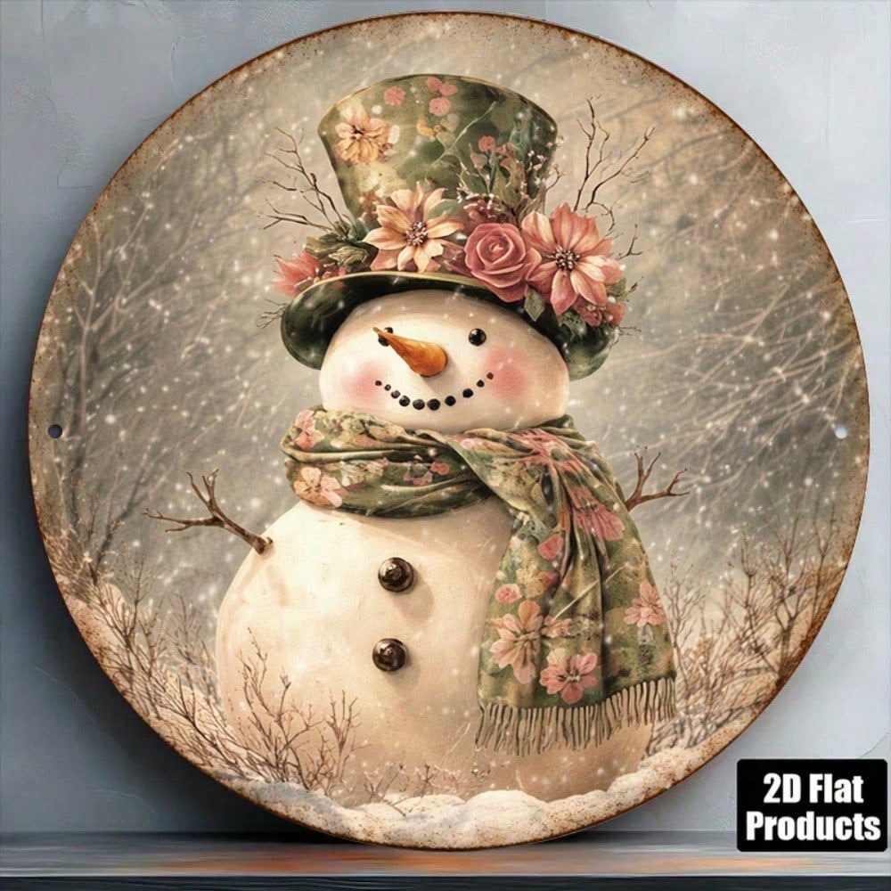 Vieux Snowman rond panneau 8x8in mignon hiver vacances décoration mur
