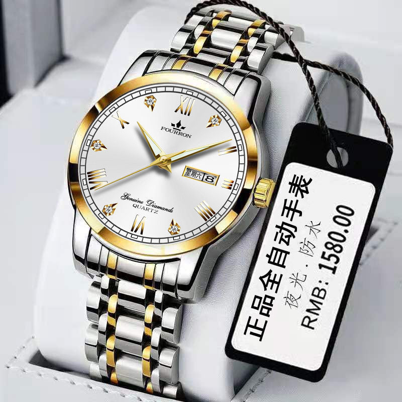 Double calendrier lumineux Quartz acier inoxydable Imperméable montre homme avec montre