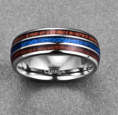 Nuncad Polisé 8MM Hawaiian Koa Wood Hommes Anneau Grande Taille Bandes de Mariage BleuVermiculite