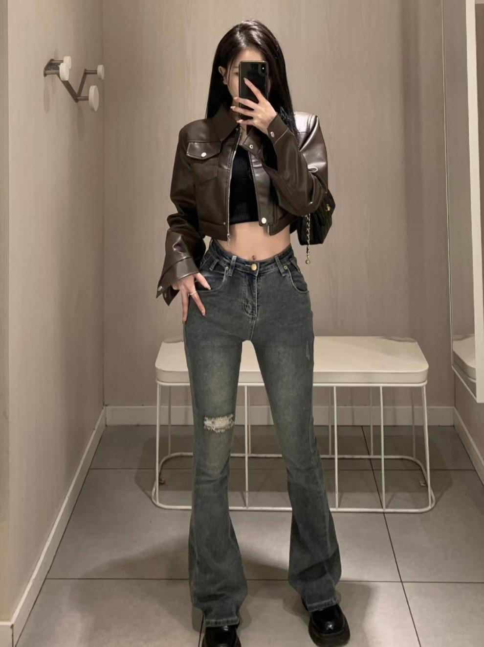 American Retro Sweet Cool Girl Style Coffee Color En Cuir Veste de Moto Top