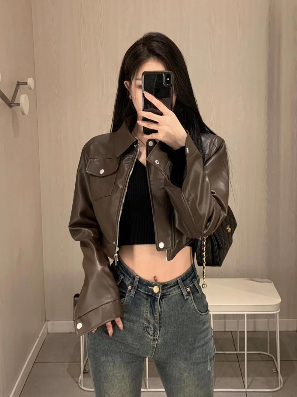 American Retro Sweet Cool Girl Style Coffee Color En Cuir Veste de Moto Top
